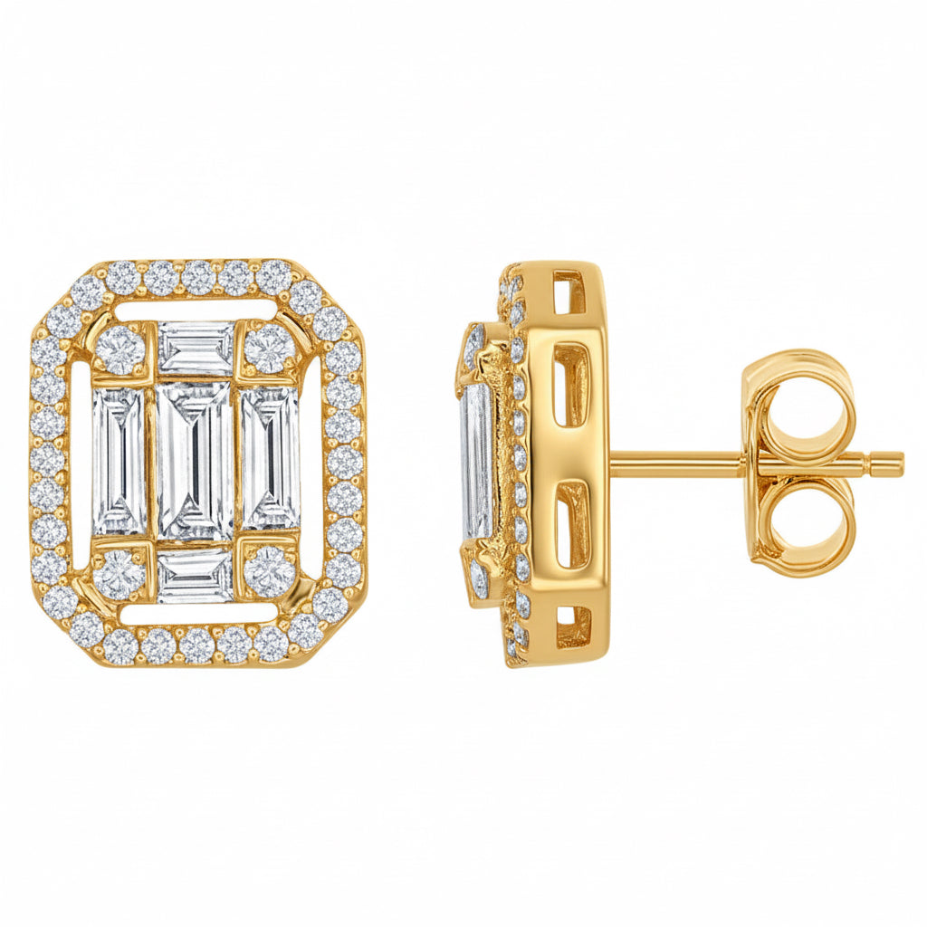 White gold earrings with diamond accents on a white background