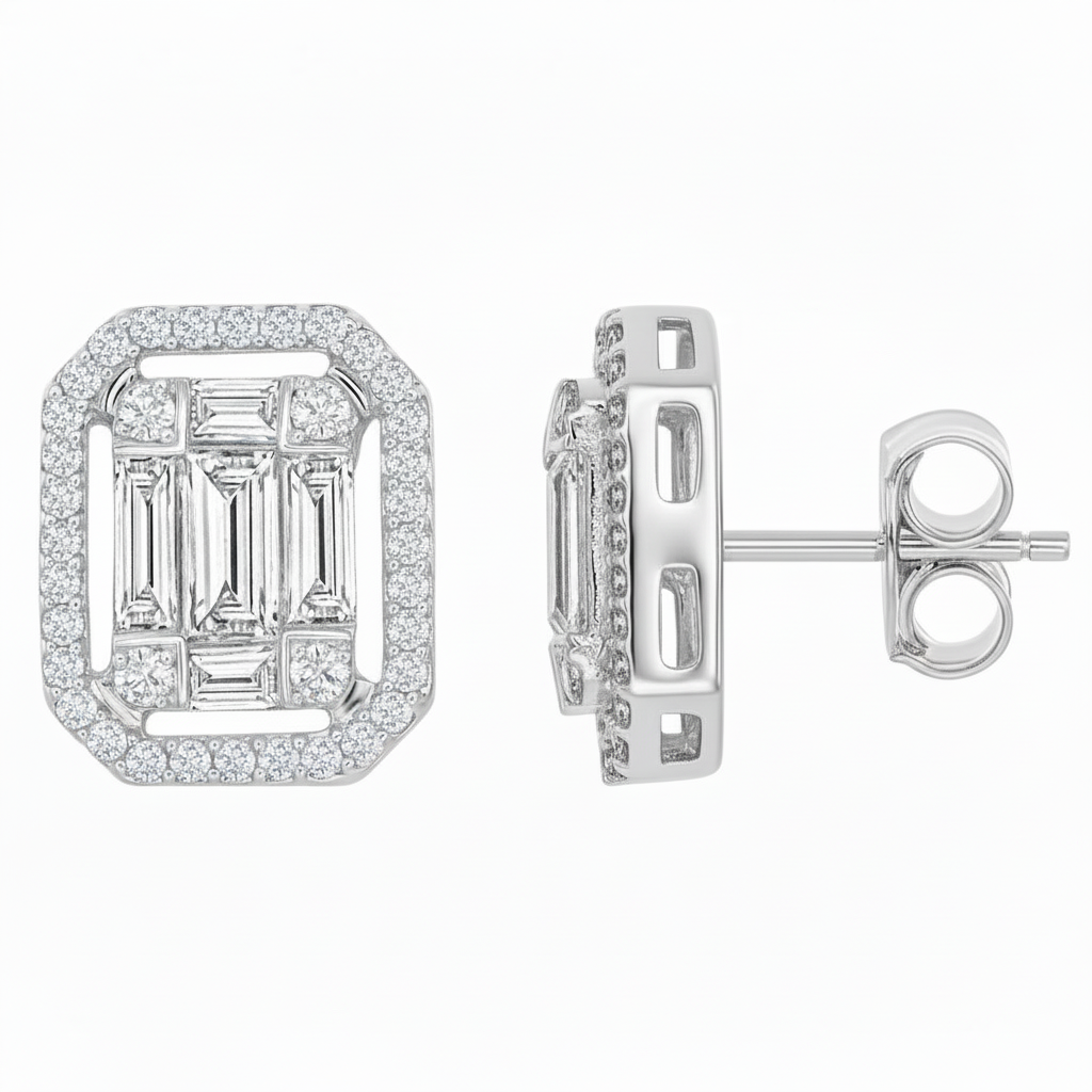 White gold earrings with diamond accents on a white background